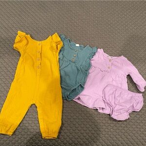 Yellow, Teal, and Lavender Muslin Style Baby Romper Set